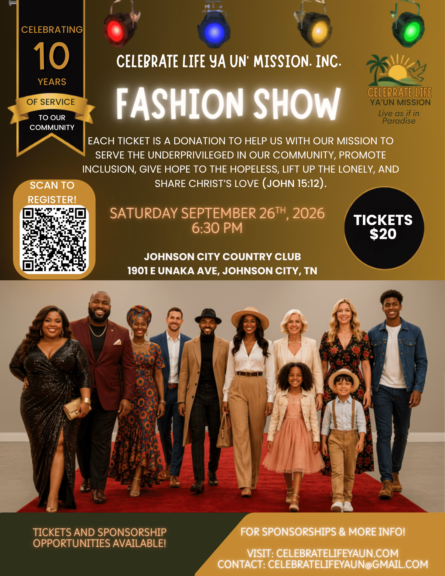 A fashion show flyer showing a diverse group of people in business casual clothing.